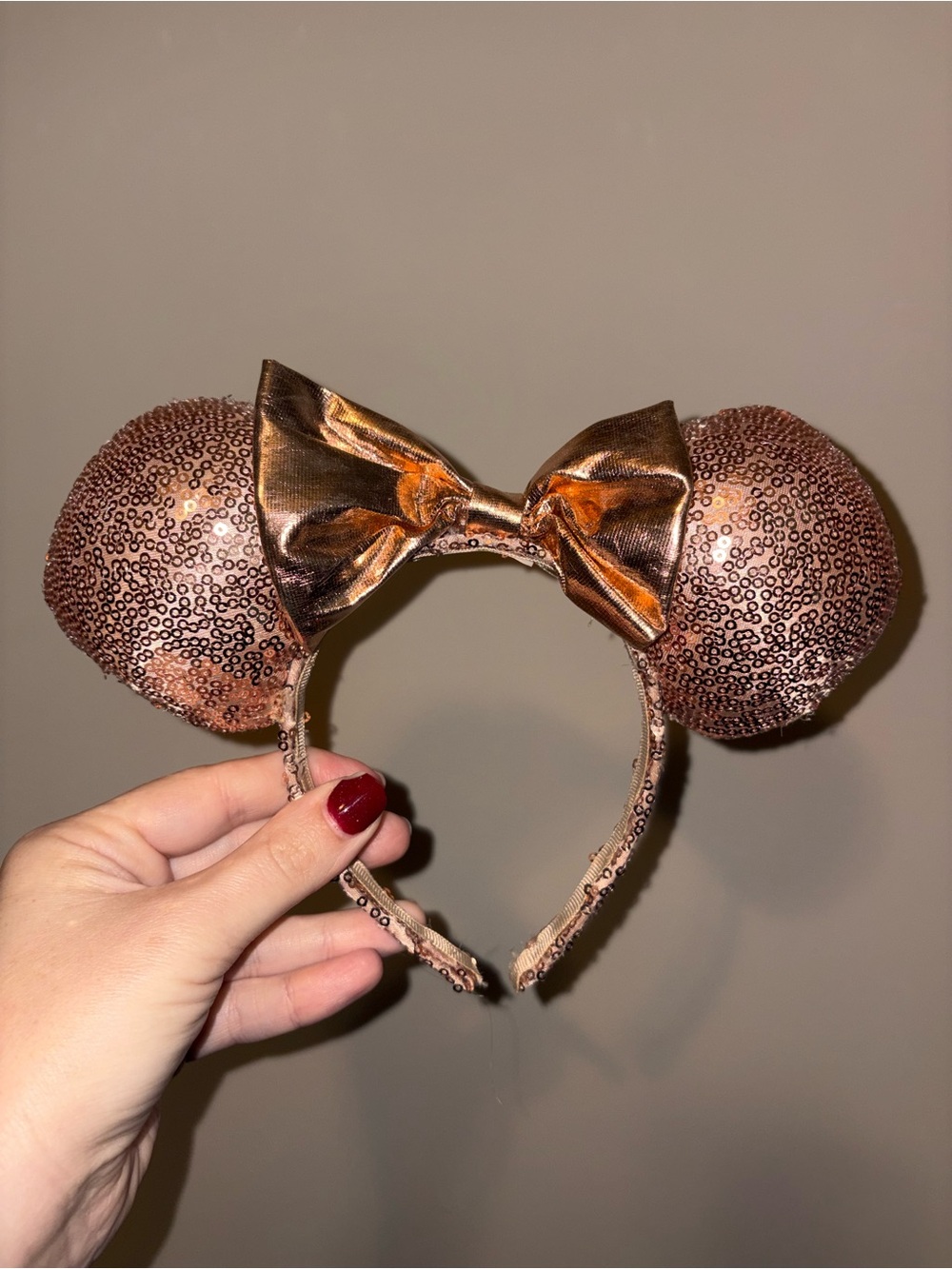 Disney Rose Gold Sequin Minnie Mouse Headband with Metallic Rose Bow